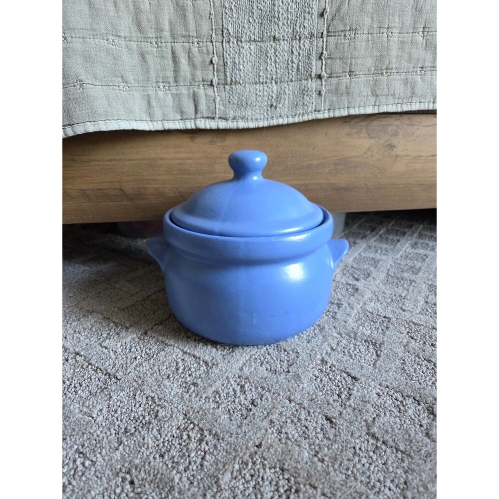 Vintage Blue Ceramic Soup Crock with Lid